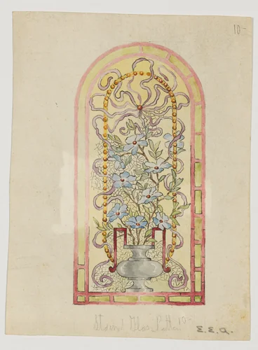 Stained Glass Design with Flowering Vase by E. E. Q., drawing, 1850-1899