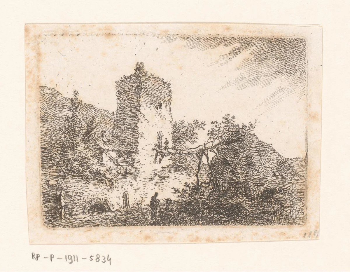 Landschap met een brug naar een toren by Sauveur Legros, print, 1796