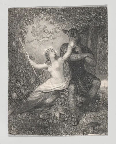 Titania and Bottom (Shakespeare, Midsummer Night's Dream, Act 3, Scene 1) by Charles Heath, print, 1825-1840