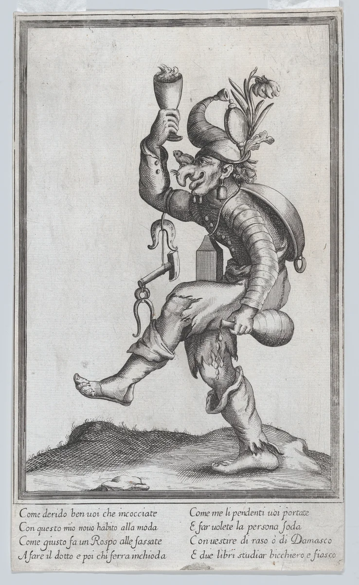 A caricature figure (a carpenter?) with a toad on his nose, carrying various implements walking to the left by anonymous, print, 1635-1645