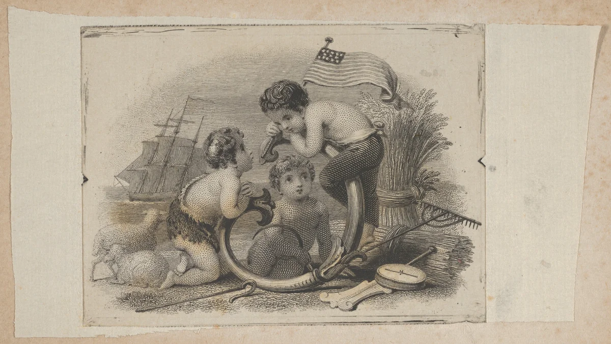 Banknote vignette with three putti as a shepherd, a farmer, and a sailor by Asher Brown Durand, print, 1819-1837