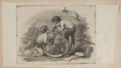 Banknote vignette with three putti as a shepherd, a farmer, and a sailor by Asher Brown Durand, print, 1819-1837