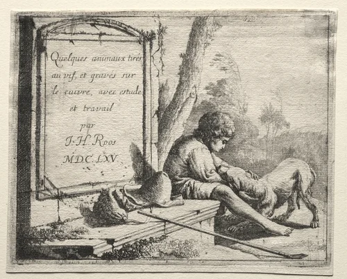Title Page: Shepherd Petting his Dog by Johann Heinrich Roos, print, 1665