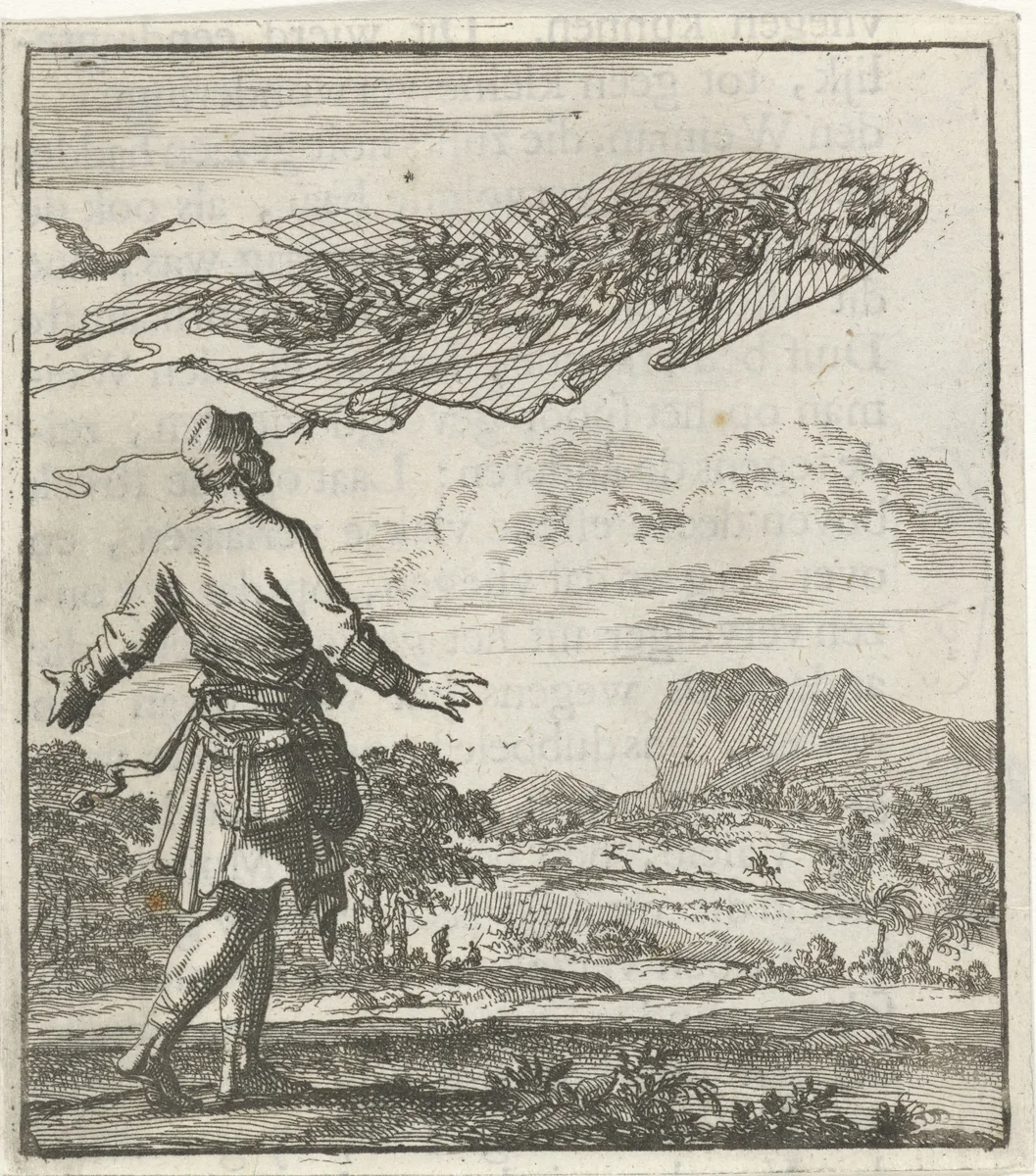 Vogelvanger kijkt toe hoe zijn vogelnet door een aantal daaronder gevangen duiven wordt weggevlogen by Jan Luyken, print, 1693