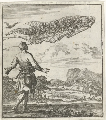 Vogelvanger kijkt toe hoe zijn vogelnet door een aantal daaronder gevangen duiven wordt weggevlogen by Jan Luyken, print, 1693