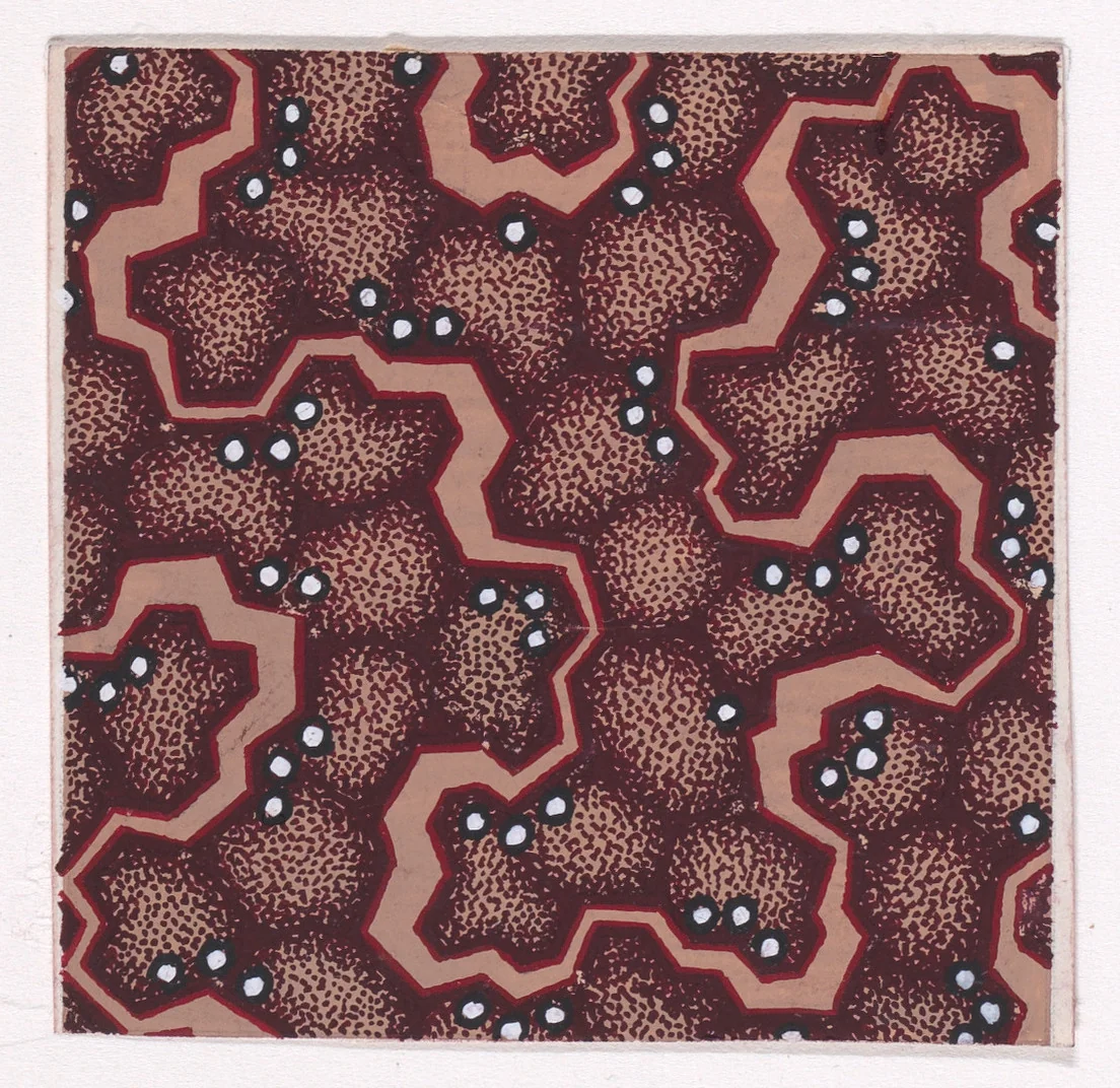 Textile Design with an Undulating Ribbon with Hard Edges and Pearls over an Abstract Honeycomb Pattern by anonymous, drawing, 1840