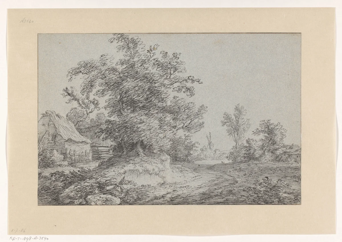 Landschap met bomen, huizen en een windmolen by Jacob Esselens, drawing, 1636-1687