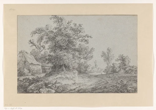 Landschap met bomen, huizen en een windmolen by Jacob Esselens, drawing, 1636-1687