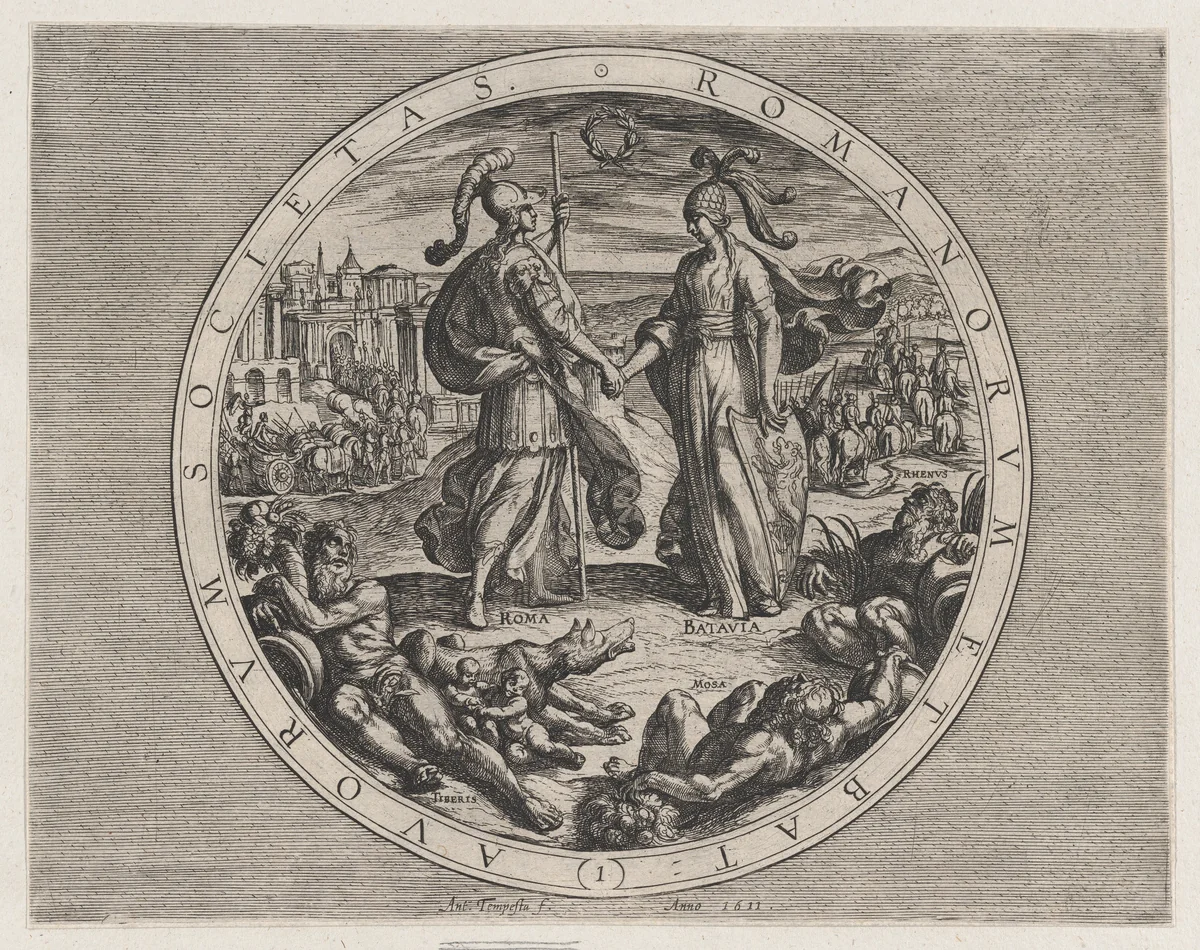 Plate 1: Roma and Batavia Shaking Hands, from The War of the Romans Against the Batavians (Romanorvm et Batavorvm societas) by Antonio Tempesta, print, 1611