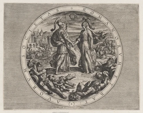 Plate 1: Roma and Batavia Shaking Hands, from The War of the Romans Against the Batavians (Romanorvm et Batavorvm societas) by Antonio Tempesta, print, 1611