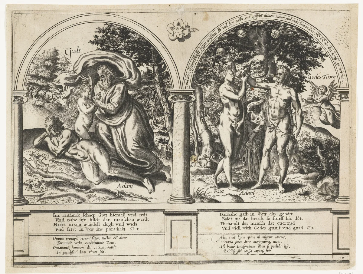 Schepping van Eva en de zondeval by Frans Huys, print, 1546-1562
