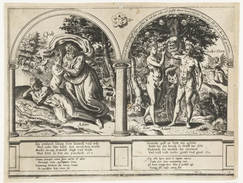 Schepping van Eva en de zondeval by Frans Huys, print, 1546-1562