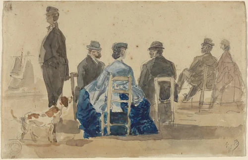 Ladies and Gentlemen Seated on the Beach with a Dog by Eugène Boudin, drawing, 1866