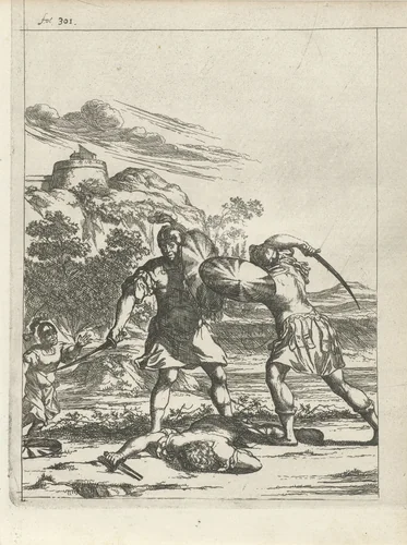 Attilus wordt door een zoon van zijn krijgsman gedood by Arnold Houbraken, print, 1681-1683