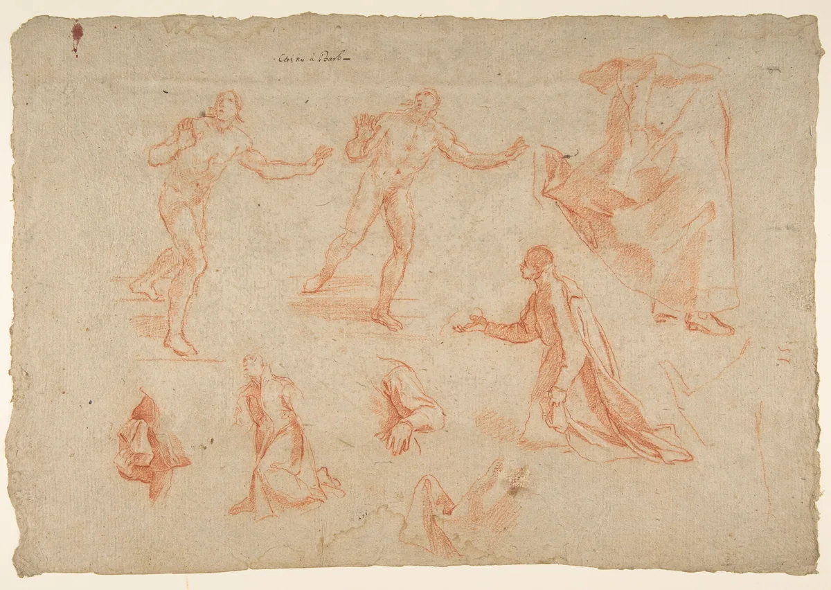 Figure and Drapery studies (recto); Three Studies of a Male Torso for the "Coronation of Marcantonio Pasqualini'" (verso) by Andrea Sacchi, drawing, 1641