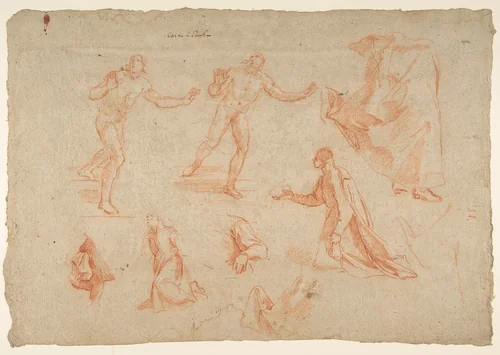 Figure and Drapery studies (recto); Three Studies of a Male Torso for the "Coronation of Marcantonio Pasqualini'" (verso) by Andrea Sacchi, drawing, 1641