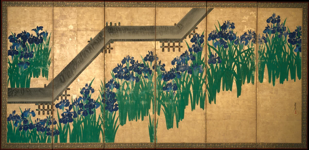 Irises at Yatsuhashi (Eight Bridges) by Ogata Kōrin, painting, 1710-1716