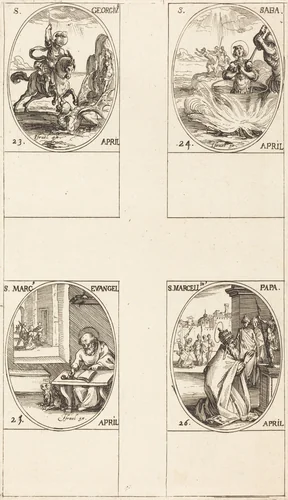 St. George; St. Sabas; St. Mark, Evangelist; St. Marcellin by Jacques Callot, print, 1627-1637