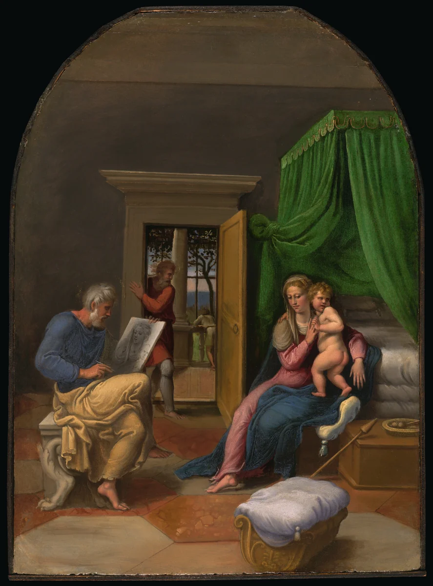 Saint Luke Drawing the Virgin and Christ Child by Girolamo da Carpi, painting, 1530-1540
