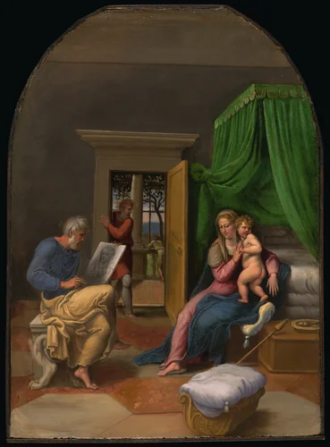 Saint Luke Drawing the Virgin and Christ Child by Girolamo da Carpi, painting, 1530-1540