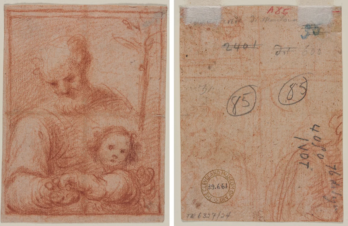 Joseph and Child (recto); Fragment of Two Figures (verso) by Unknown, drawing, 1500-1599