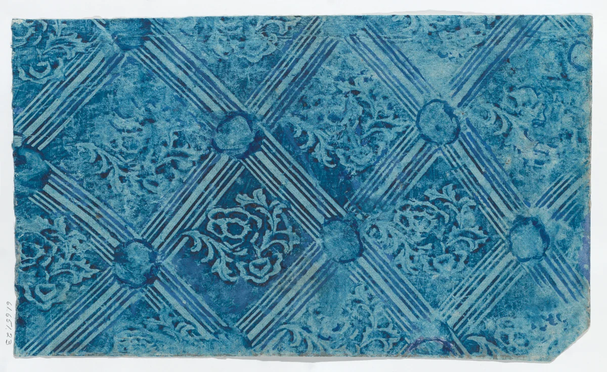 Paste paper with blue stripe and floral pattern by anonymous, print, 1700-1800