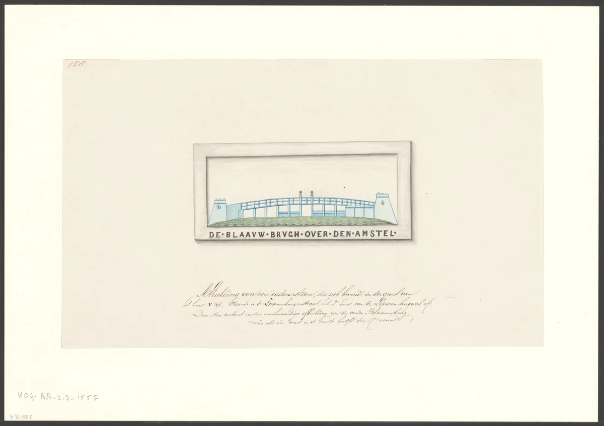 Compositie met gevelsteen 'De Blaauwe brugh over den Amstel' by anonymous, drawing, 1750-1850