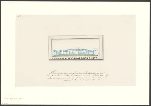 Compositie met gevelsteen 'De Blaauwe brugh over den Amstel' by anonymous, drawing, 1750-1850