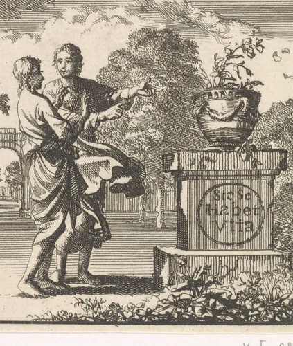 Twee personen bij een bloempot op pedestal by Jan Luyken, print, 1699