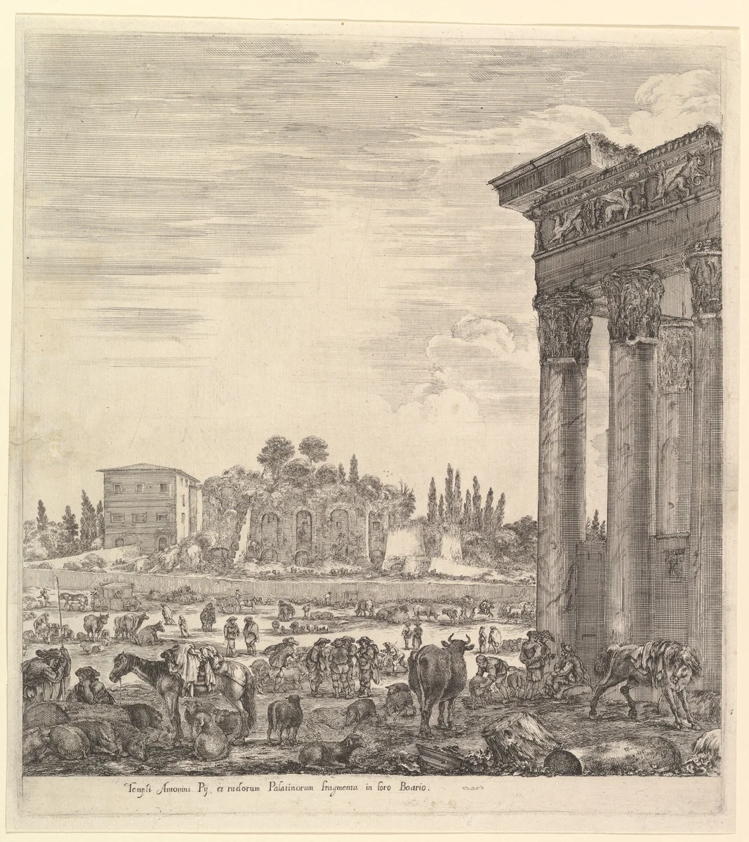 The columns of the Temple of Antoninus to right, a part of the Campo Vaccino in center and at left, from "Six large views, four of Rome, and two of the Roman countryside" (Six grandes vues, dont quatre de Rome et deux de la Campagne romaine) by Stefano della Bella, print, 1656