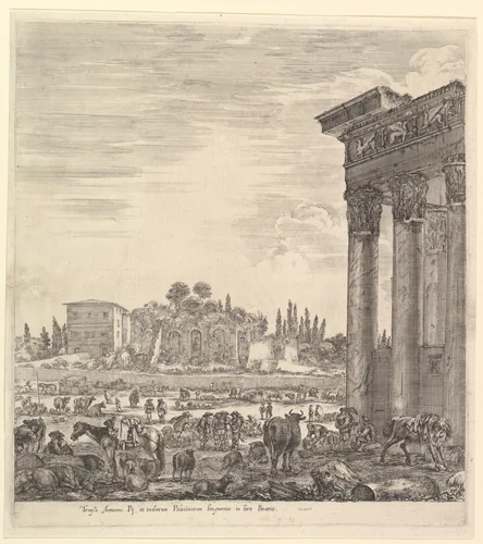 The columns of the Temple of Antoninus to right, a part of the Campo Vaccino in center and at left, from "Six large views, four of Rome, and two of the Roman countryside" (Six grandes vues, dont quatre de Rome et deux de la Campagne romaine) by Stefano della Bella, print, 1656