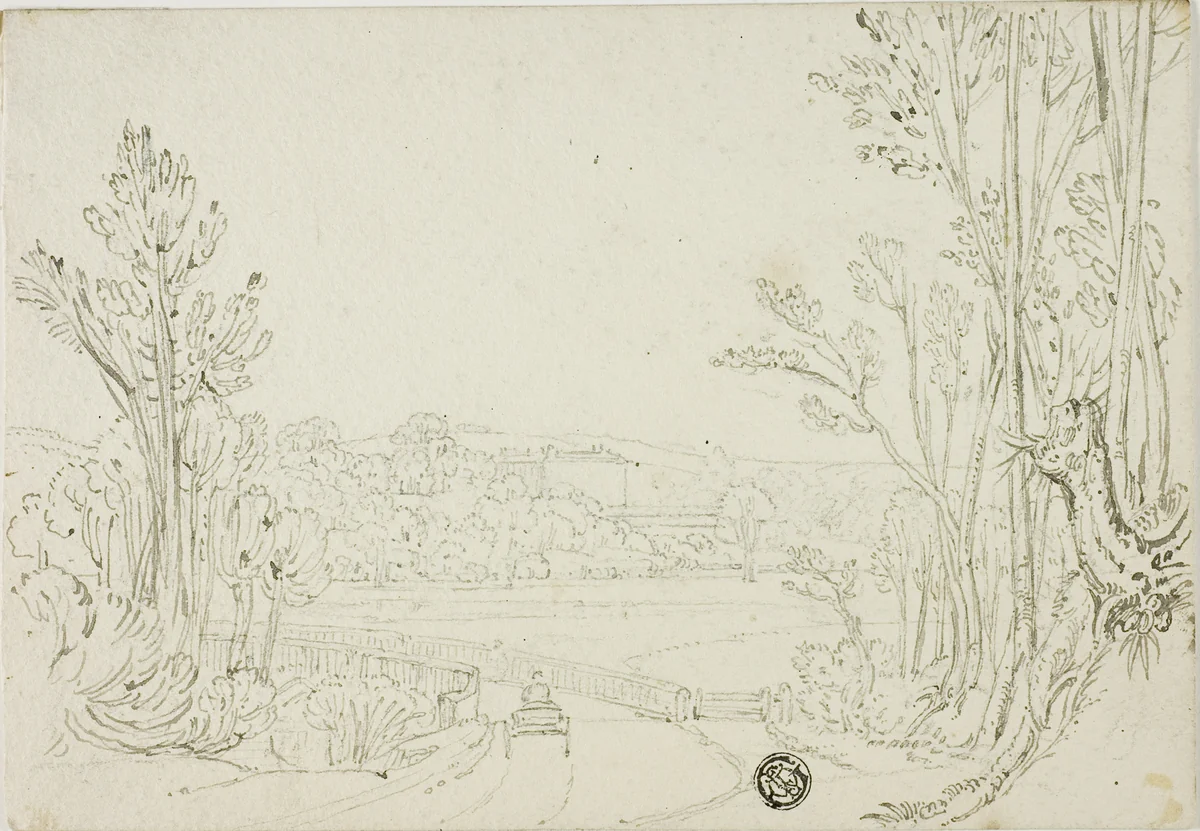 Cart Heading over Bridge Between Trees; Villa in Distance by Unknown Artist, drawing, 1700-1799