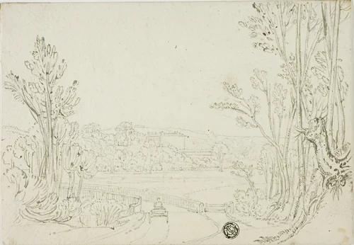 Cart Heading over Bridge Between Trees; Villa in Distance by Unknown Artist, drawing, 1700-1799