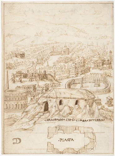 Recto: The Houses of the Barbarians (Vitruvius, Book 2, Chapter 1, nos. 3, 4); Verso: The Aeropagus in Athens with Cave Houses (Vitruvius, Book 2, Chapter 1, no. 5). by Sangallo family, drawing, 1530-1545