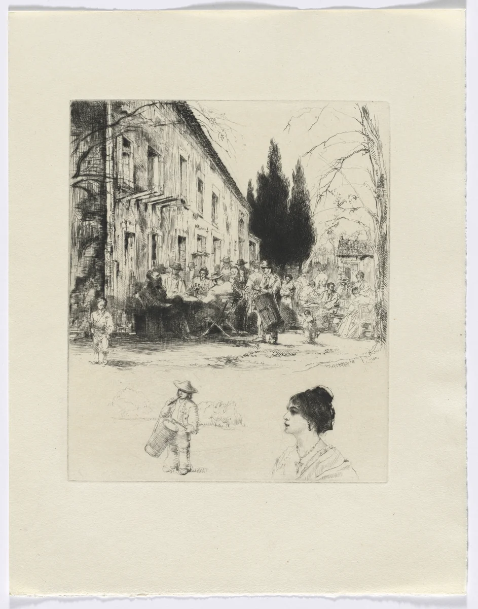 Frédéric Mistral: Mémoires et Recits by Frédéric Mistral: figures at outdoor table/ man playing drum and bust of a woman (insert after p. 136) by Auguste Brouet, other, 1937