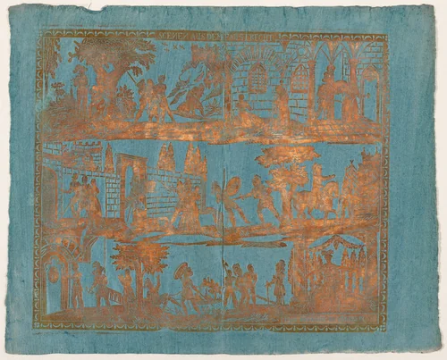 Endpaper with Scenes from the Life of a Knight by Paul Reimund, print, 1780