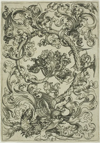 Ornament with Owl Mocked by Day Birds by Martin Schongauer, print, 1469-1479