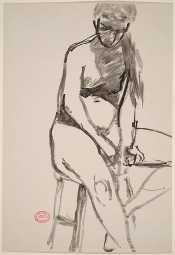 Untitled [female nude seated on a stool and looking down] by Richard Diebenkorn, drawing, 1955-1967