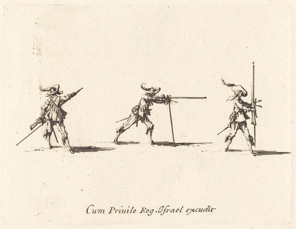 Taking the Firing Position with the Musket by Jacques Callot, print, 1634-1635