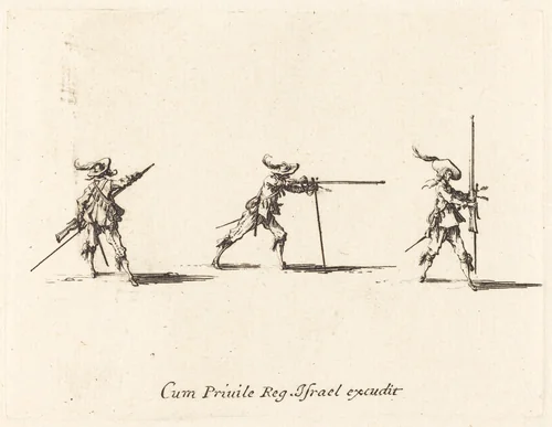 Taking the Firing Position with the Musket by Jacques Callot, print, 1634-1635