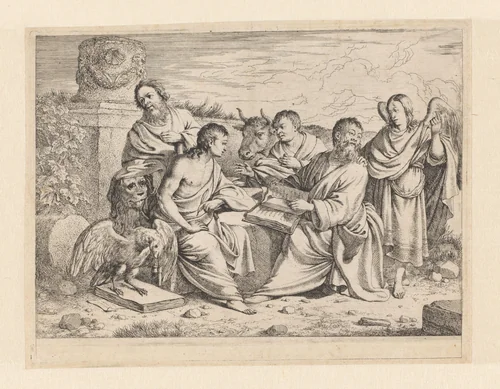 De vier evangelisten in een landschap by anonymous, print, 1600-1699