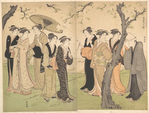 Group of Six Geisha Under the Cherry Trees on Gotenyama by Torii Kiyonaga (鳥居清長), print, 1785-1795