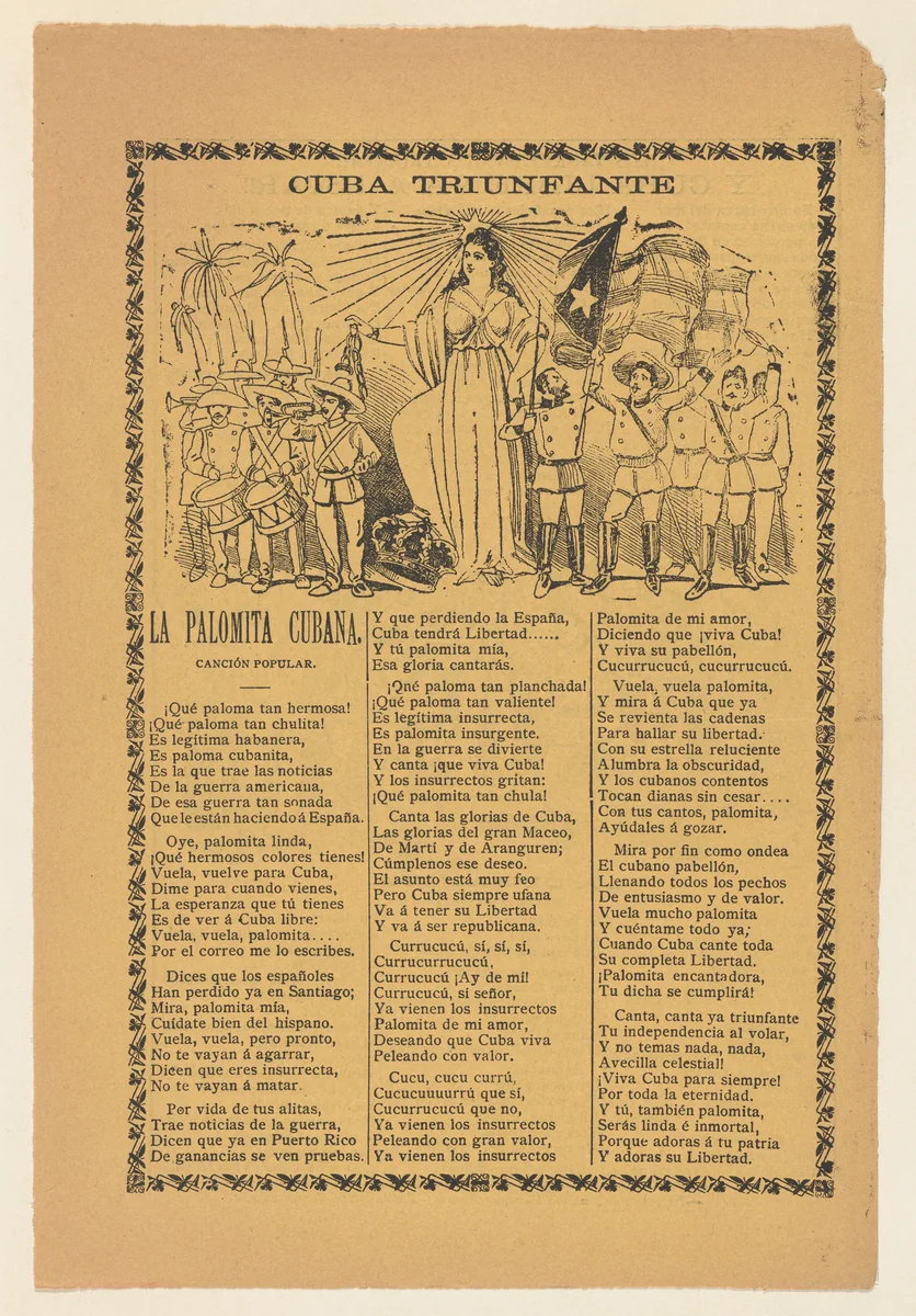 Broadside celebrating Cuba's victory over Spain in the Spanish American War, soldiers holding the Cuban flag and flanking the alleogorical figure of Cuba by José Guadalupe Posada, print, 1895-1905