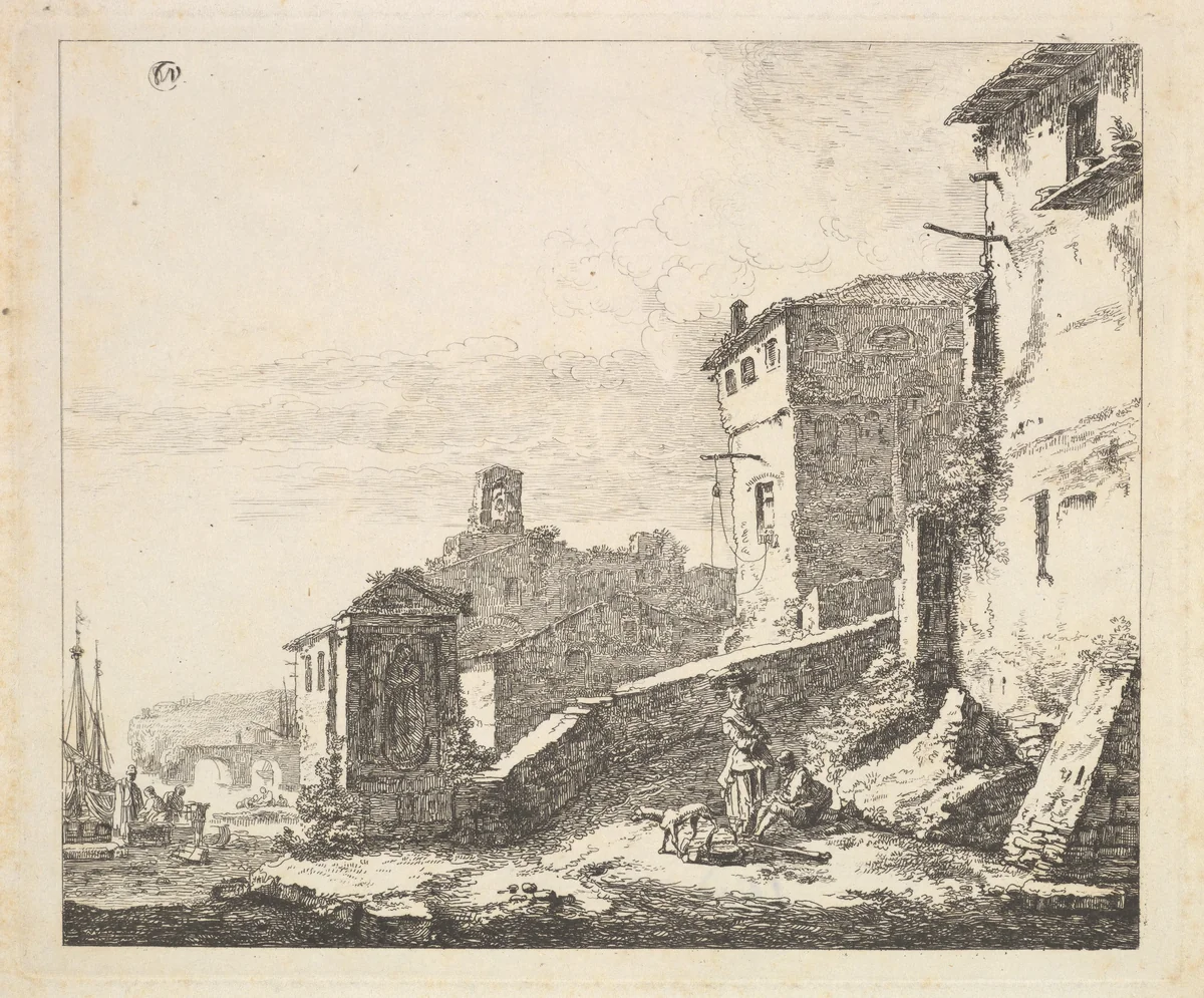Village Scene with Woman Standing Beside a Seated Man (copy) by Thomas Wijck, print, 1610-1677