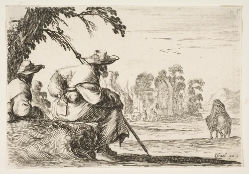 Two pilgrims with hats rest to the left, seen from behind, a horseman rides towards the background to the right, plate 5 from "Various Figures" (Agréable diversité de figures) by Stefano della Bella, print, 1642