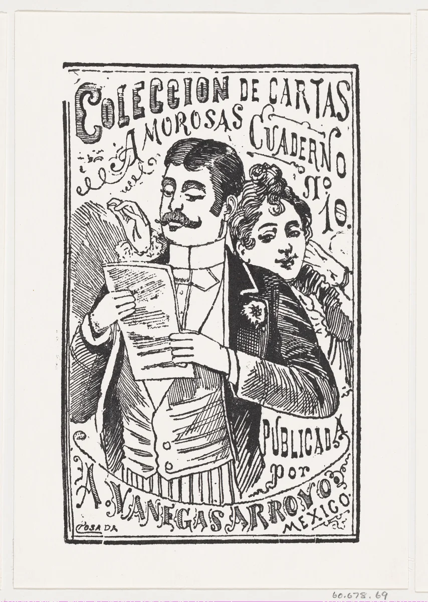 A woman looking over a man's shoulder at the letter in his hand, illustration for 'Coleccion de Cartas Amorosas Cuaderno No. 10,' published by Antonio Vanegas Arroyo by José Guadalupe Posada, print, 1875-1885