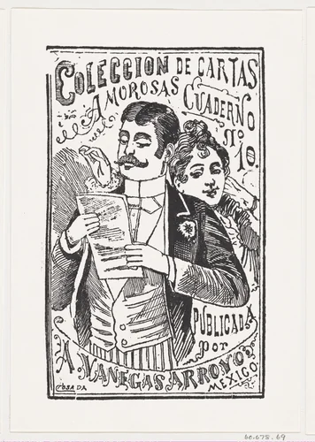 A woman looking over a man's shoulder at the letter in his hand, illustration for 'Coleccion de Cartas Amorosas Cuaderno No. 10,' published by Antonio Vanegas Arroyo by José Guadalupe Posada, print, 1875-1885