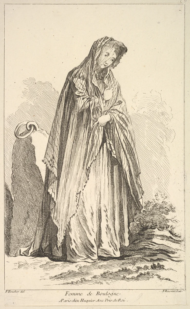 Femme de Boulogne, plate 9 from "Recueil de diverses fig.res étrangeres Inventées par F. Boucher P.tre du Roy et Gravées par F. Ravenet" (Collection of Various Foreign Figures, Devised by F. Boucher, Painter of the King and Engraved [etched] by F. Ravenet) by Simon Ravenet, print, 1710-1772