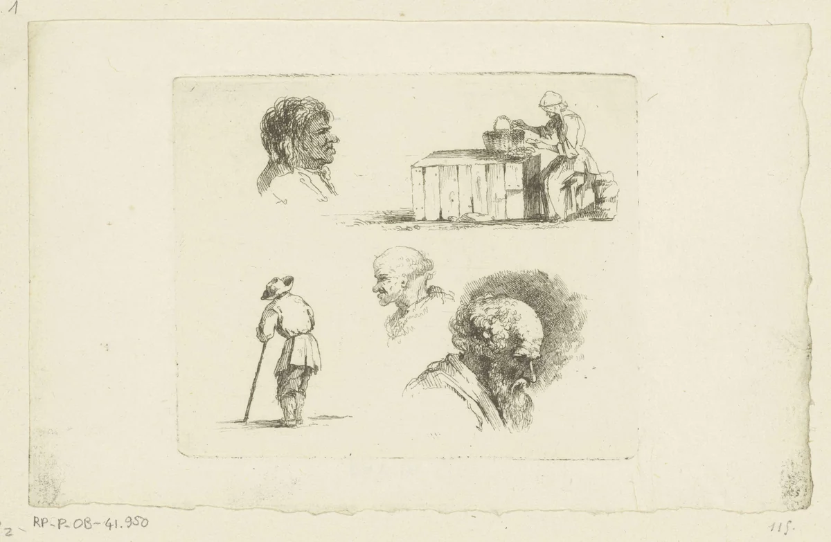 Compositie met een vrouw met mand aan een tafel, een man met stok en drie mannenhoofden by Jean Jacques de Boissieu, print, 1758