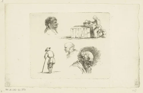 Compositie met een vrouw met mand aan een tafel, een man met stok en drie mannenhoofden by Jean Jacques de Boissieu, print, 1758